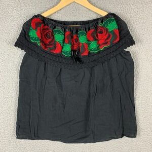 Mexican Embroidered Top Black Lace Red Roses Off‎ the Shoulder